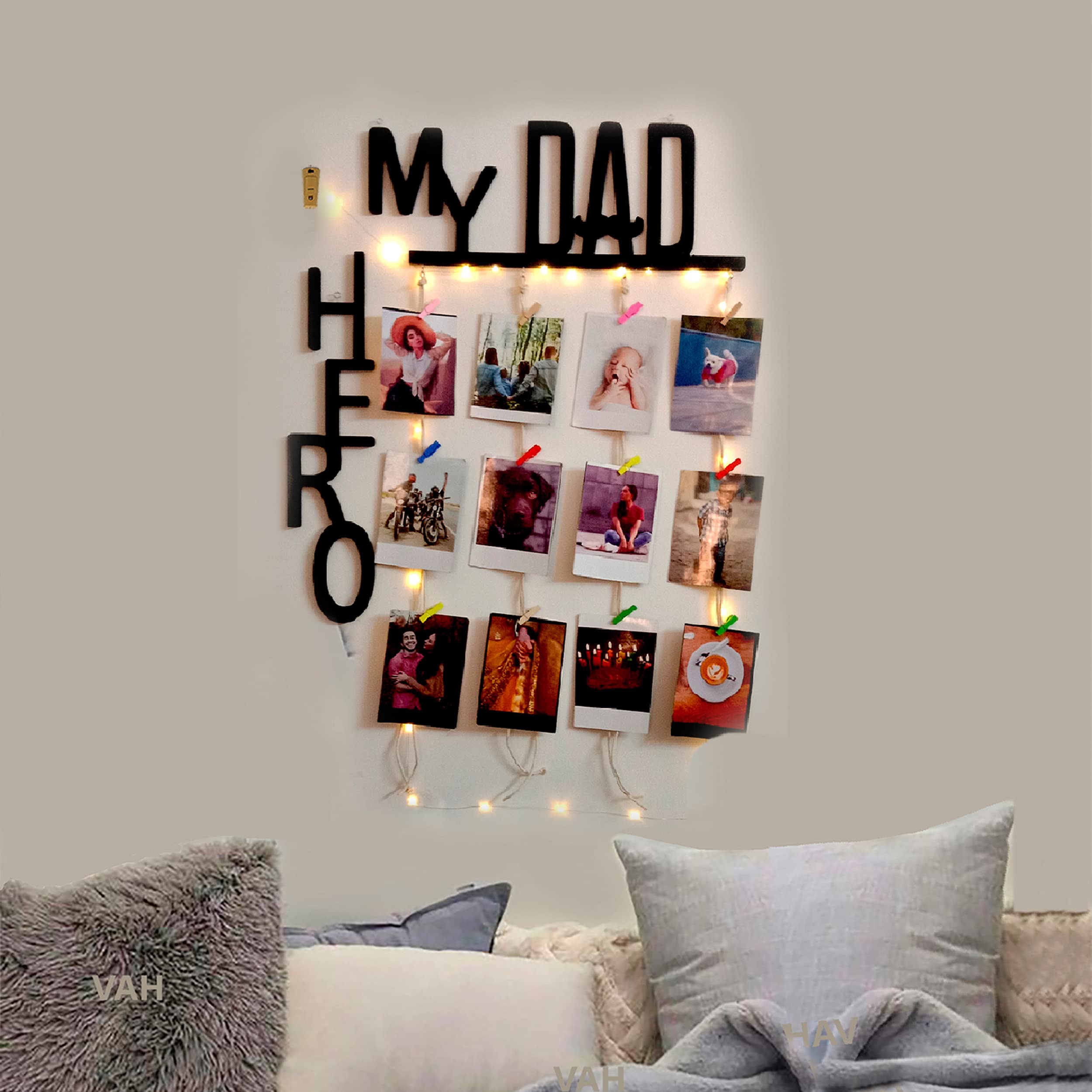 Vah Wooden Photo Frame With Led Light - Display Picture Collage Organizer With Clips (My Dad My Hero With Light)